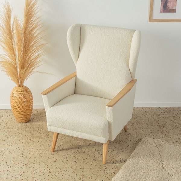 Fauteuil à oreilles années 50, tissu teddy, vintage