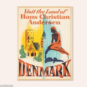 Cartel publicitario de los años 60 "Visita la tierra de Hans Christian Andersen", 72 x 97 cm, años 50, vintage