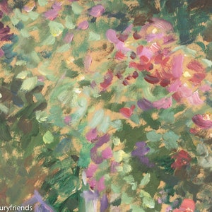 Puede incluir: Un primer plano de una pintura que representa un grupo de flores rosas y rojas con hojas verdes. Las flores est&aacute;n pintadas en un estilo suelto e impresionista.