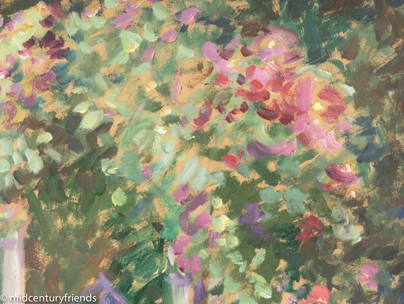 Puede incluir: Un primer plano de una pintura que representa un grupo de flores rosas y rojas con hojas verdes. Las flores est&aacute;n pintadas en un estilo suelto e impresionista.