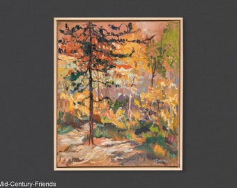 Bosque en otoño, óleo sobre lienzo, 53 x 63 cm, óleo original, arte vintage, 1935, colorido, alegre, abeto, único
