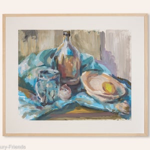 Natura morta al limone, tecnica mista su carta spessa, 93 x 79 cm, disegno originale, acquerello, unico, colori chiari, nuova oggettività