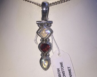 Moonstone and garnet pendant in silver