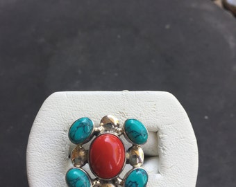 Silver, coral, and turquoise ring