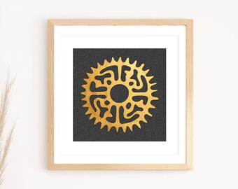 Inca Art Print, Golden Gift for Him, Abstract Sun Ethnic Painting Square, Office Decor for Men, Peruvian Artwork, Ethnic Home, Andean Art