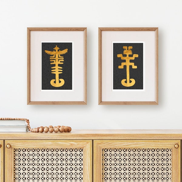 Kolumbianisches Kunstset, Stammeskunst, Gold ethnische Malerei Geschenk, Figurative abstrakte Galerie Wand Set von 2, goldenes Dekor limitiert für zu Hause