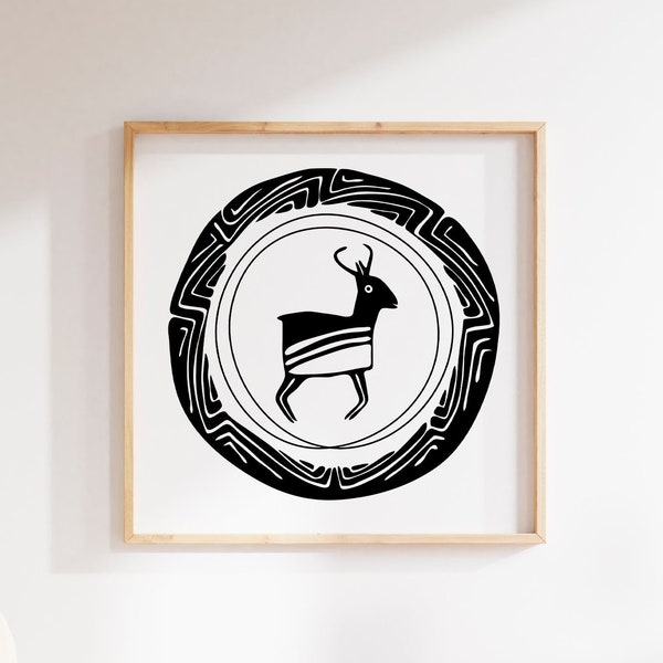 Native American Deer Poster Download 24x24 inch, Mimbres art, Deer Illustration Wall art, Tribal Animal Printable Wall print square