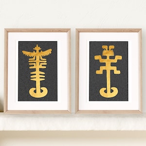 Kolumbianisches Kunstset, Stammeskunst, Gold ethnische Malerei Geschenk, Figurative abstrakte Galerie Wandset von 2, goldenes Dekor begrenzt für Zuhause