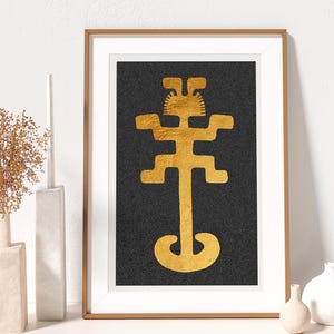 Golden jaguar-man hand painted with acrylic gold on a textured black background. Inspired by Tolima art found in Colombia.