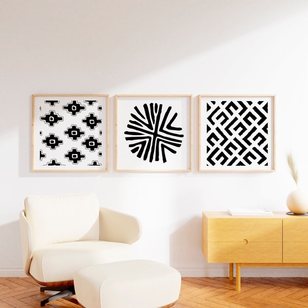 Juego 3 impresiones digitales étnicas, Arte boho abstracto para imprimir 50x50 cm, Set pósters nativos cuadrados minimalistas