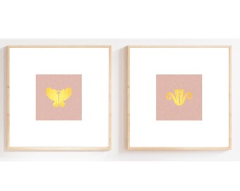 Colombian art gift set with butterfly abstract artwork 8x8 inches, Gold leaf paintings with hope symbol, Ethnic minimal limited art