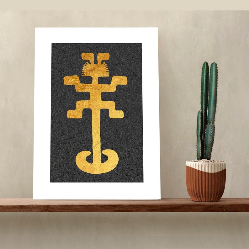 Golden silhouette, on textured black background and white margin of a pectoral as a protective symbol, from the Tolima Pre-Columbian art found in Colombia.