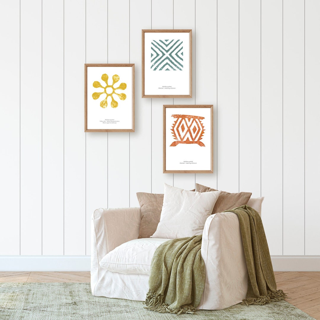 Ghana Wall Art Set of 3 With Adinkra Symbols Prints, African Tribal