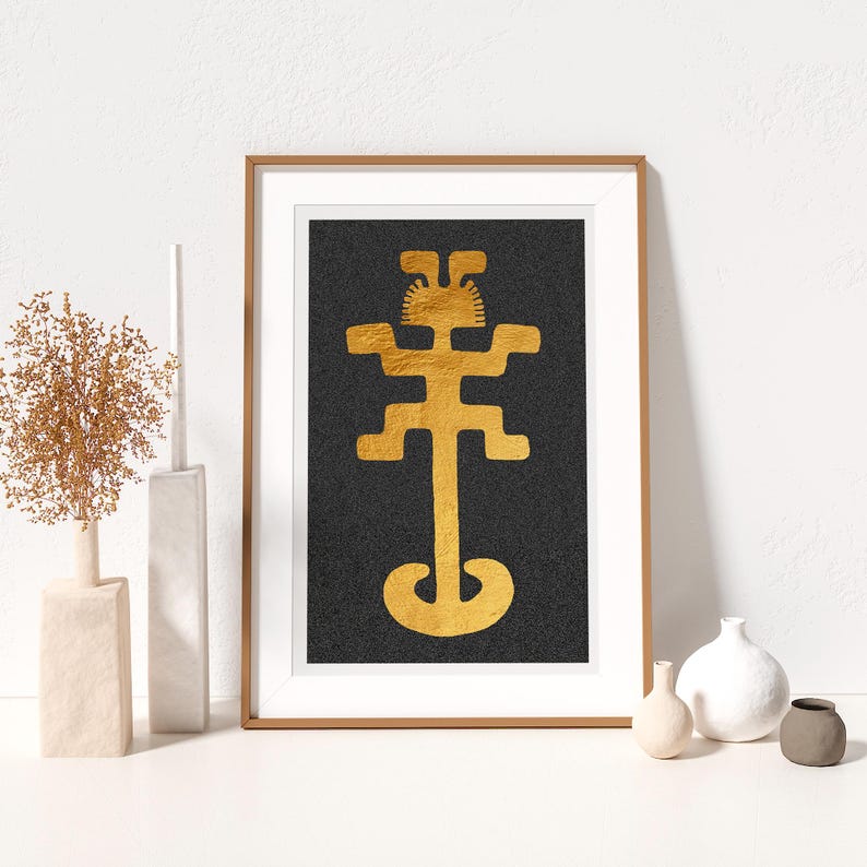 Golden jaguar-man hand painted with acrylic gold on a textured black background. Inspired by Tolima art found in Colombia.
