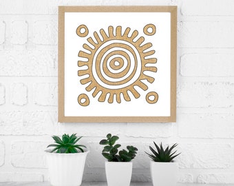 Sol tribal Precolombino, Póster Azteca, Decoración minimalista popular de México, Impresión cuadrada color tierra para el dormitorio