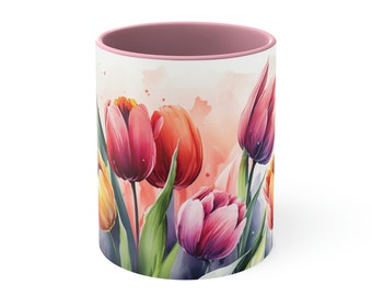 Watercolor Tulips Spring Bouquet of Flowers Mom Daughter Sister Aunt Cousin Daughter in Law Mother In Law Gift Accent Coffee Mug, 11oz