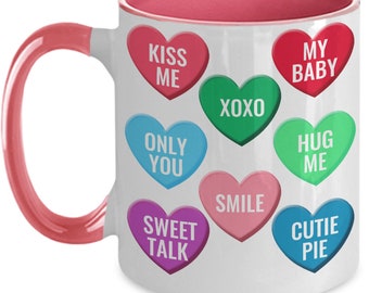CANDY HEARTS Happy Valentine's Day Two Tone Premium  11oz Coffee Cup Gift Valentine's Day Birthday Anniversary Gift for Daughter I Love You