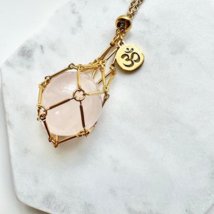 Large OM Gold Gem Holder necklace, Ohm necklace , 18k gold plated Stainless steel crystal holder necklace ,  OM Stone holder necklace