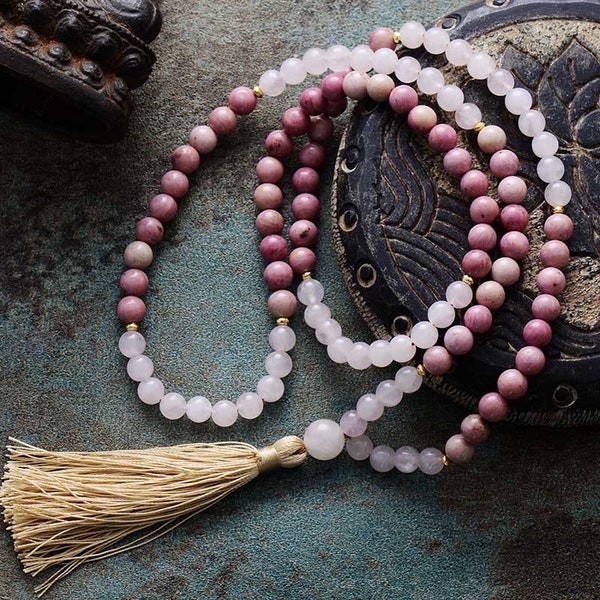 Mala beads, Mala beads necklace, natural crystal stone necklace , 108 bead meditating bead necklace , rose Quartz mala beads, prayer beads