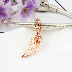 Rose gold plated Angel Wing dangle charm, Rose gold Wing charm, Rose gold charm for bracelet making, Rose Gold Angel Wing Charm