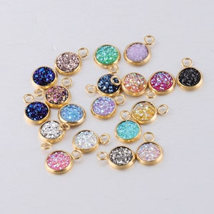 Druzy Quartz charm, Stainless Steel Druzy quartz pendant, druzy quartz pendant for jewelry making, 8 mm golden druzy quartz pendant