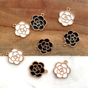 Chanel Style Enameled Camellia Flower and Pearl Earrings