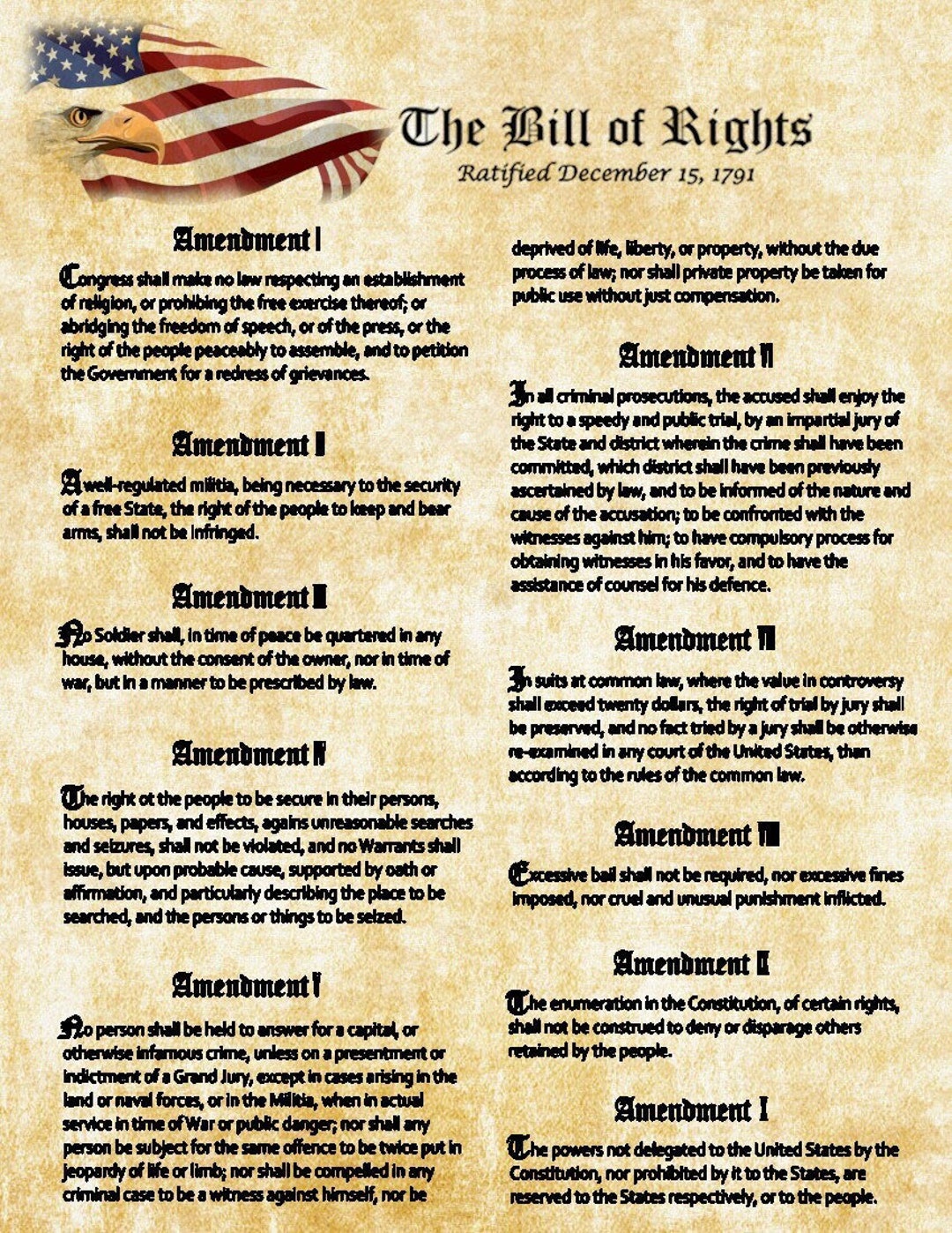 Bill Of Rights US Constitution W Flag Eagle Large Laminated