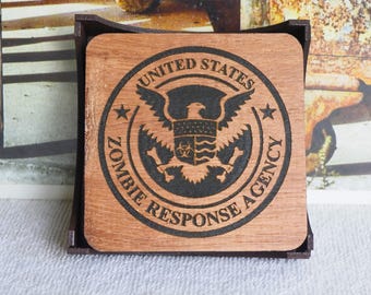 Zombie Defense Force - Laser Engraved Coaster Set of 4 w/ Laser Cut Wood Holder