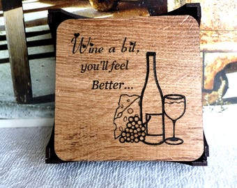 Wine A Bit - Laser Engraved Coaster Set of 4 w/ Laser Cut Wood Holder