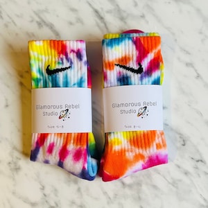 Tie dyed Nike socks, bright rainbow socks, rainbow tie dye, 1 pair, hand dyed, made to order, pink, orange, yellow, green, blue, purple