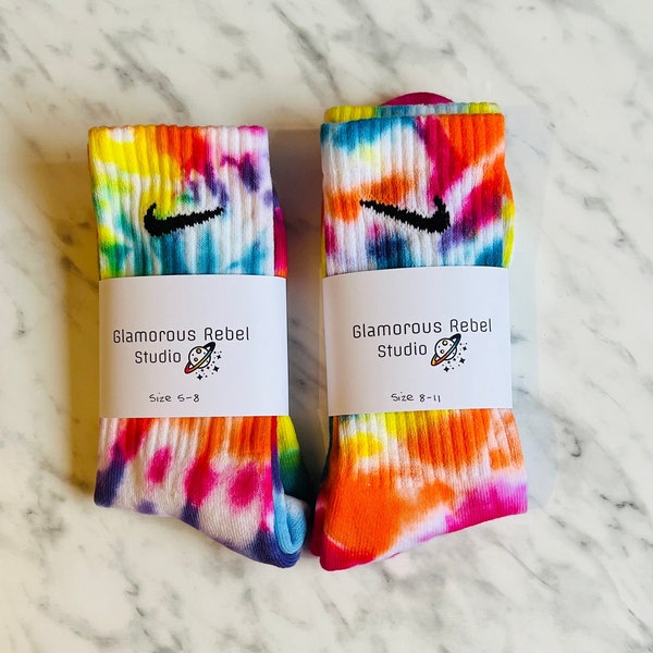 Tie dyed Nike socks, bright rainbow socks, rainbow tie dye, 1 pair, hand dyed, made to order, pink, orange, yellow, green, blue, purple