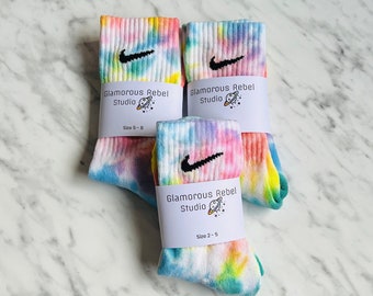 Tie dyed Nike socks, pastel rainbow socks, rainbow tie dye, 1 pair, hand dyed, made to order