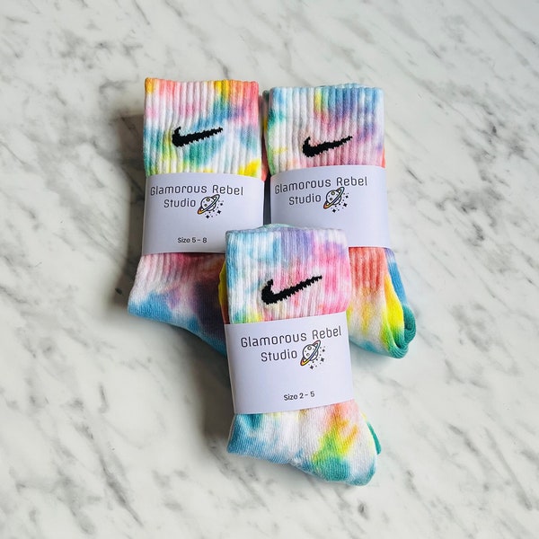 Tie dyed Nike socks, pastel rainbow socks, rainbow tie dye, 1 pair, hand dyed, made to order