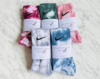 Tie dyed Nike socks, Denim Blue, Dusty Pink, Muted tone socks, 1 pair, hand dyed, made to order, Crew socks, Stocking Filler, Secret Santa