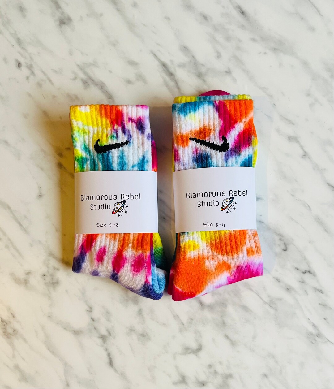 Tie dyed Nike socks, bright rainbow socks, rainbow tie dye, pair