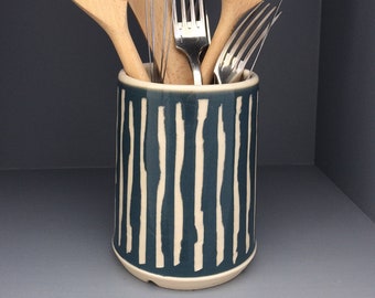 Ceramic Utensil Drainer : Stoneware Clay, Hand Thrown, Teal Green with vertical stripe pattern Kitchenware Handmade Utensil Storage