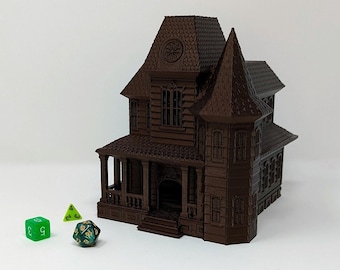 May include: A brown 3D printed model of a haunted house with a detailed roof and windows. The house has a porch with steps and railings. There are three green dice in the foreground.