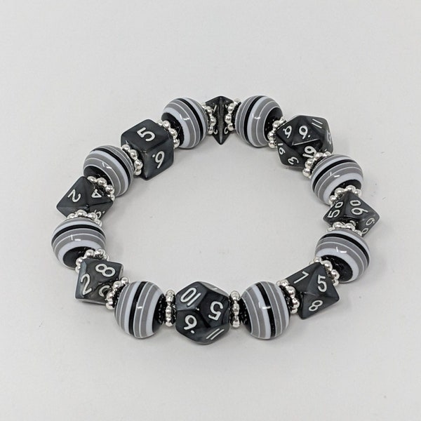 Mini Dice Bracelet - Stretch Bracelet - Black Grey Gray Stripes - DnD Gift - Dice Jewelry