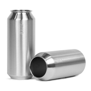 May include: Two silver stainless steel reusable beverage cans with the word "Miir" embossed on the side.