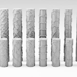 May include: A selection of cylindrical columns with textured surfaces. The columns are in varying heights and have a light grey colour. The surfaces feature patterns such as cracked, grid, and organic textures. The objects are arranged in a studio setting.