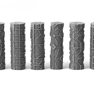 May include: A collection of ten gray, cylindrical objects with varying textured patterns. The designs include stacked blocks, geometric grids, and organic, vein-like structures. Each piece stands upright, showcasing detailed surface variations.