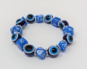 Mini Dice Bracelet - Stretch Bracelet - Blue Evil Eye Lucky Nazar - DnD Gift - Dice Jewelry