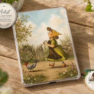 May include: A clear protective tablet case featuring a whimsical illustration of a person in a green dress and yellow patterned hat walking a chicken on a leash along a dirt path near a wooden fence, surrounded by blooming flowers and trees.