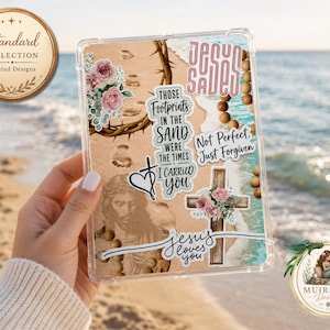 May include: A clear rectangular case featuring a collage of religious stickers including a crown of thorns, pink roses, a wooden cross, prayer beads, and footprints in the sand. Text reads: Jesus Saves, Those Footprints In The Sand Were The Times I Carried You, Not Perfect Just Forgiven, and Jesus Loves You.