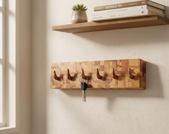 Llavero de madera de grano final hecho a mano, decoración rústica de pared con mosaico, regalo de inauguración de casa