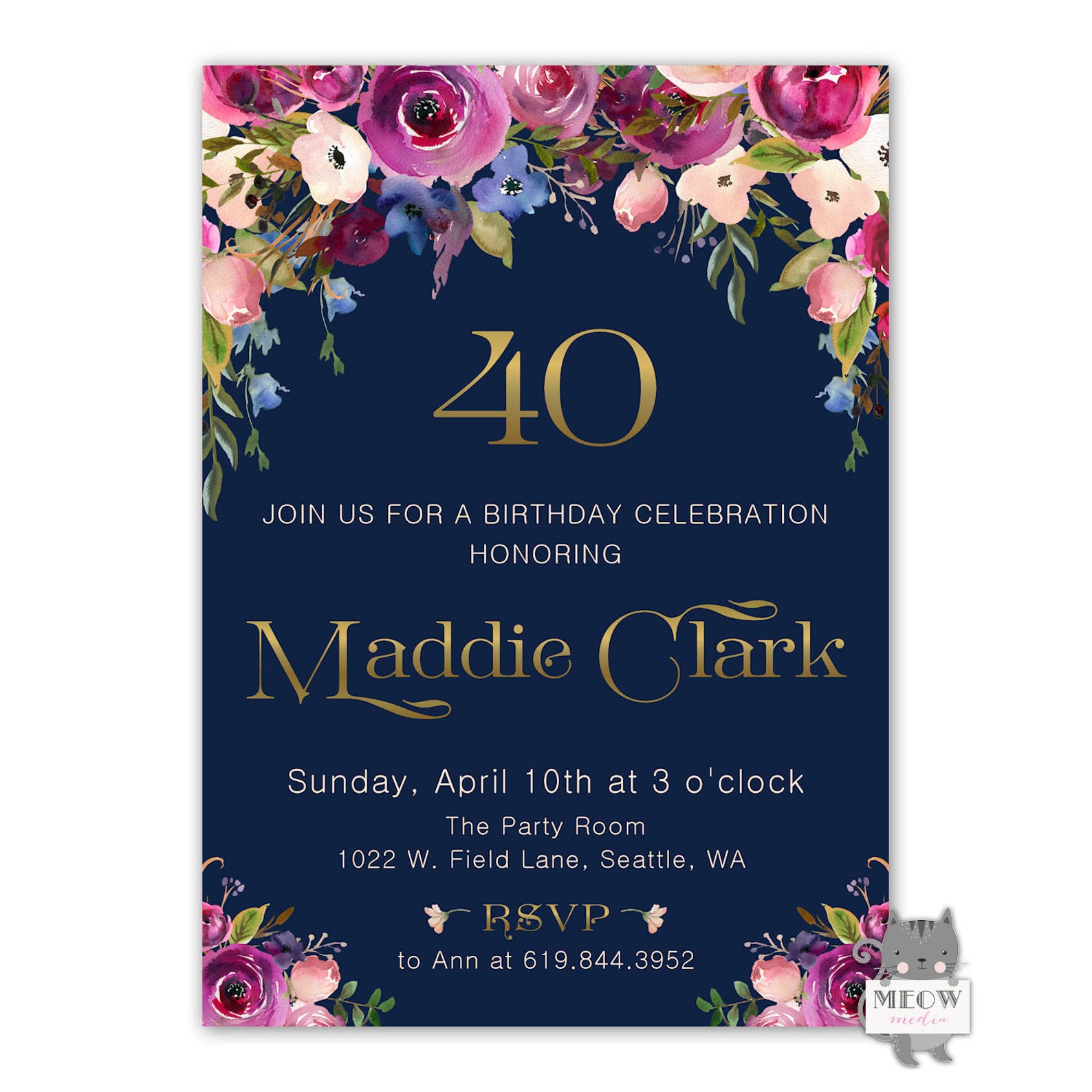 40th Birthday Invitation Women Printable 40th Birthday | Etsy