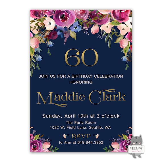 60th birthday invitation 60th birthday party invitations navy blue floral 60th birthday invites for women printable or printed cards 60th birthday invites