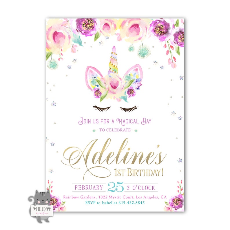 Printable Unicorn Birthday Invitation 1st Birthday Party Etsy