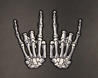 One pair of (2pcs) White Skeleton Skull I love u Finger Zombie  Rocker Iron-On / Saw-On  PATCH - 2.2" x 4"