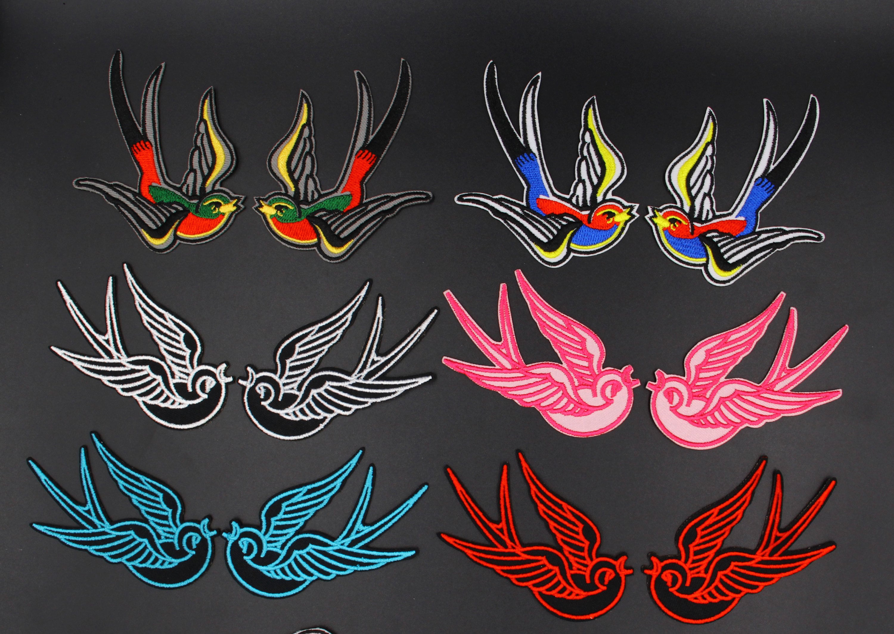 PINK SWALLOWS SPARROWS EMBROIDERED PATCHES rockabilly pin up girl tattoo art 
